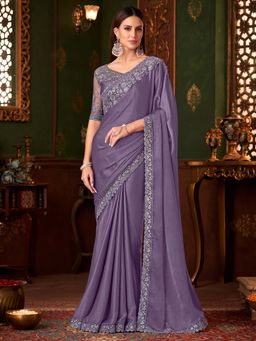 Akhilam - Womens Chiffon Violet Embellished Saree with Unstitched Blouse