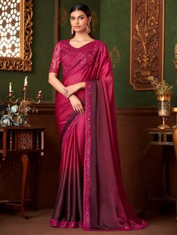 Akhilam - Womens Chiffon Pink Embellished Saree with Unstitched Blouse
