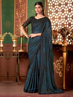 Akhilam - Womens Pure Georgette Teal Blue Embellished Saree with Unstitched Blouse