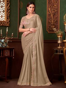 Akhilam - Womens Pure Georgette Beige Embellished Saree with Unstitched Blouse