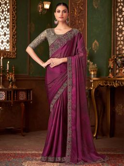 Akhilam - Womens Chiffon Magenta Embellished Saree with Unstitched Blouse