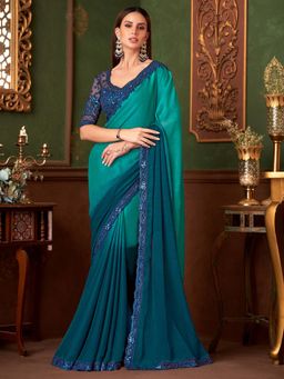 Akhilam - Womens Chiffon Turquoise Embellished Saree with Unstitched Blouse