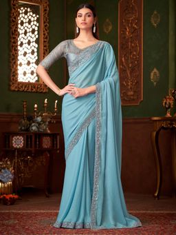 Akhilam - Womens Satin Silk Light Blue Embellished Saree with Unstitched Blouse