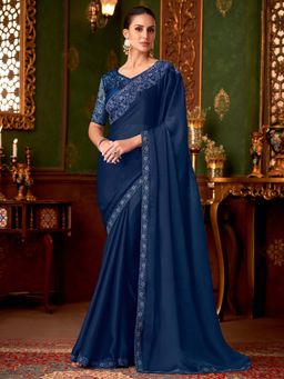 Akhilam - Womens Satin Silk Navy Blue Embellished Saree with Unstitched Blouse