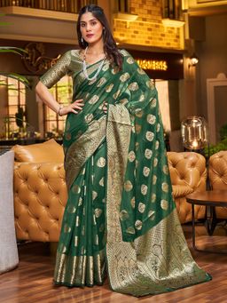 Akhilam - Womens Organza Green Woven Design Saree with Unstitched Blouse