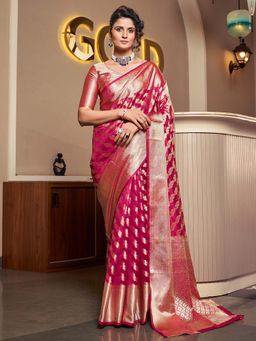 Akhilam - Womens Organza Pink Woven Design Saree with Unstitched Blouse