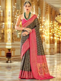 Akhilam - Womens Silk Blend Black Woven Design Saree with Unstitched Blouse