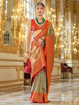 Akhilam - Womens Silk Blend Grey Woven Design Saree with Unstitched Blouse