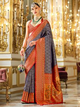 Akhilam - Womens Silk Blend Navy Blue Woven Design Saree with Unstitched Blouse
