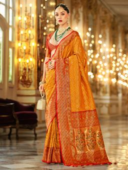 Akhilam - Womens Silk Blend Yellow Woven Design Saree with Unstitched Blouse