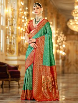 Akhilam - Womens Silk Blend Turquoise Woven Design Saree with Unstitched Blouse