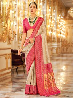 Akhilam - Womens Silk Blend Cream Woven Design Saree with Unstitched Blouse
