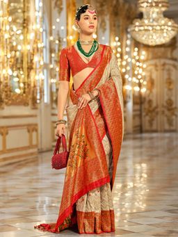 Akhilam - Womens Silk Blend Cream Woven Design Saree with Unstitched Blouse
