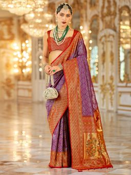 Akhilam - Womens Silk Blend Purple Woven Design Saree with Unstitched Blouse