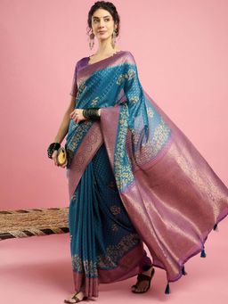 Akhilam - Womens Eri Silk Teal Woven Design Saree with Unstitched Blouse