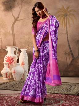 Akhilam - Womens Cotton Purple Printed Saree with Unstitched Blouse