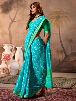 Akhilam - Womens Cotton Turquoise Printed Saree with Unstitched Blouse