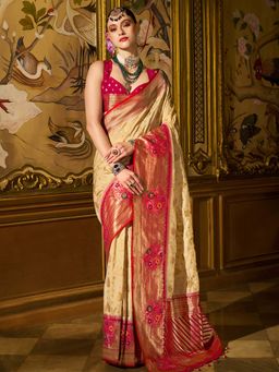 Akhilam - Womens Silk Blend Cream Woven Design Saree with Unstitched Blouse