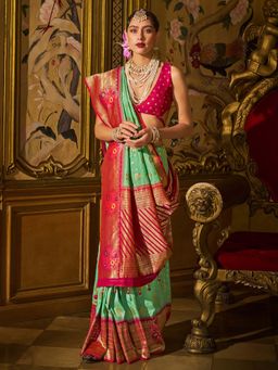 Akhilam - Womens Silk Blend Turquoise Woven Design Saree with Unstitched Blouse