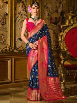 Akhilam - Womens Silk Blend Navy Blue Woven Design Saree with Unstitched Blouse
