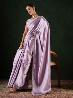Akhilam - Womens Satin Silk Lavender Embellished Saree with Unstitched Blouse