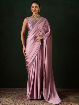 Akhilam - Womens Satin Silk Mauve Embellished Saree with Unstitched Blouse