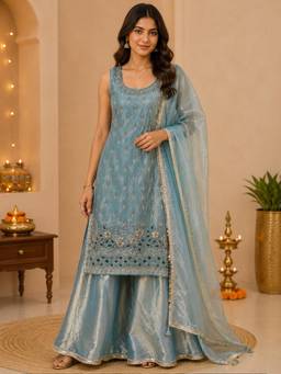 Sindh Fashion - Blue Embroidered Kurta with Sharara and Dupatta