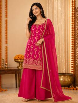 Sindh Fashion - Pink Weave Kurta with Palazzo and Dupatta