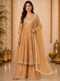 Sindh Fashion - Gold Mirrior Work Palazzo with Anarkali Kurta and Dupatta