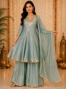 Sindh Fashion - Blue Mirrior Work Palazzo with Anarkali Kurta and Dupatta