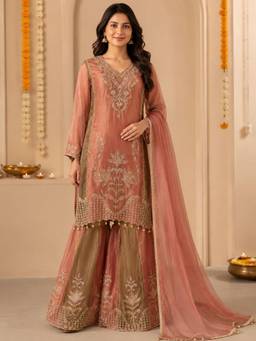 Sindh Fashion - Rust Embroidered Kurta with Sharara and Dupatta