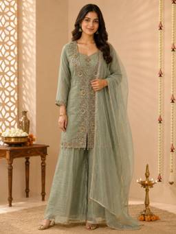 Sindh Fashion - Mint Green Embroidered Kurta with Palazzo and Dupatta