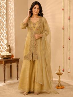 Sindh Fashion - Yellow Embroidered Kurta with Palazzo and Dupatta