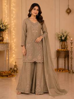 Sindh Fashion - Brown Embroidered Sharara with Kurta and Dupatta