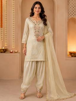 Sindh Fashion - Cream Embroidered Kurta with Salwar and Dupatta