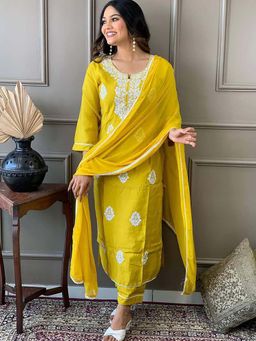 Lush Glam - Yellow Embroidery Traditional Kurta & Pant with Dupatta (Set of 3)