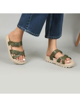 Indifeet - Olive Stylish and Trendy Cross Strap Slip On Rubber Sandals