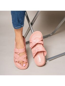 Indifeet - Peach Stylish and Trendy Cross Strap Slip On Rubber Sandals