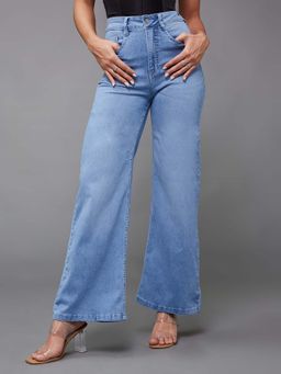 Miss Chase - Women's Light Blue Wide-Leg High-Rise Clean-Look Shaping Denim Jeans