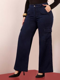 Miss Chase - A+ Curve Collection Plus Size Women's Navy Blue Wide leg Cargo Denim Jeans