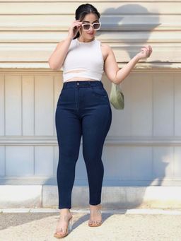 Miss Chase - A+ Curve Collection Plus Size Women's Navy Blue Skinny Fit Denim Jeans