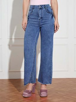 Miss Chase - Women Navy-Blue Wide Leg High-Rise Regular Stretchable Denim Jeans