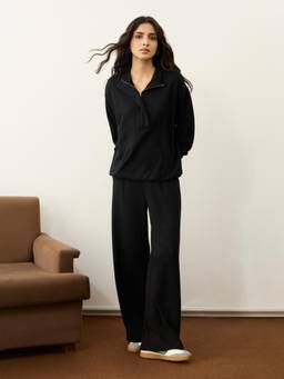 Femmella - Black Waffle Half Zip Up Co-Ord Set