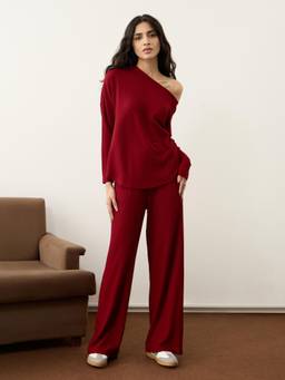 Femmella - Deep Red Waffle One Shoulder Co-Ord Set