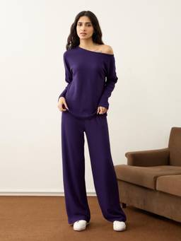 Femmella - Deep Purple Waffle One Shoulder Co-Ord Set