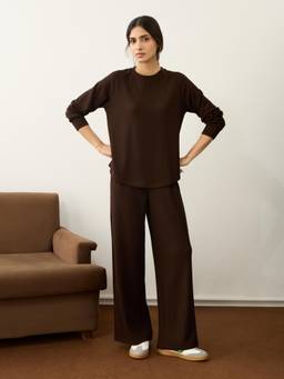 Femmella - Brown Waffle Crew Neck Co-Ord Set