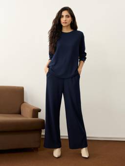 Femmella - Navy Waffle Crew Neck Co-Ord Set
