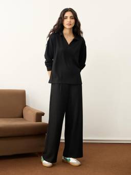 Femmella - Black Waffle Collared Co-Ord Set