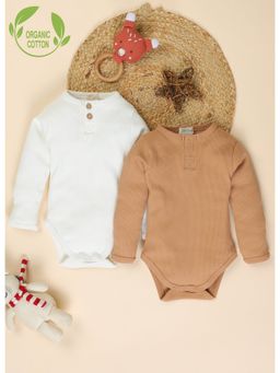 Cot and Candy - Full Sleeve Cotton Kids Romper White & Camel (Pack of 2)