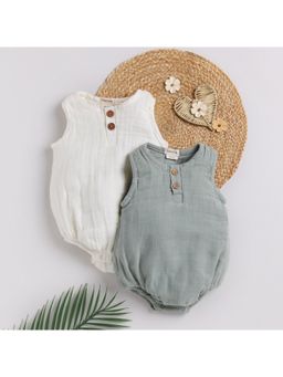 Cot and Candy - Half Sleeve White & Sage Bubble Romper for Kids (Pack of 2)